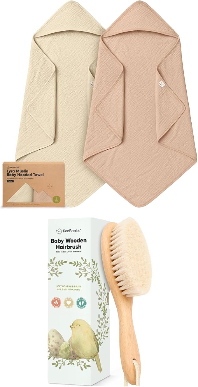 KeaBabies 2-Pack Muslin Baby Bath Towels with Hood for Girls, Boys and Baby Hair Brush - 100% Cotton Hooded Bath Towel, Soft & Absorbent for Toddlers, Baby Brush with Soft Goat Bristles