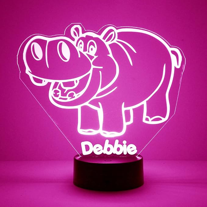 MMS Hippo LED Night Light Lamp, Personalized with Your Name or Text, Remote Control with 15 Colors, 4 Light Modes, Hippopotamus Customized Gift LED Lamp to Light Up the Room, USB Cord or Battery