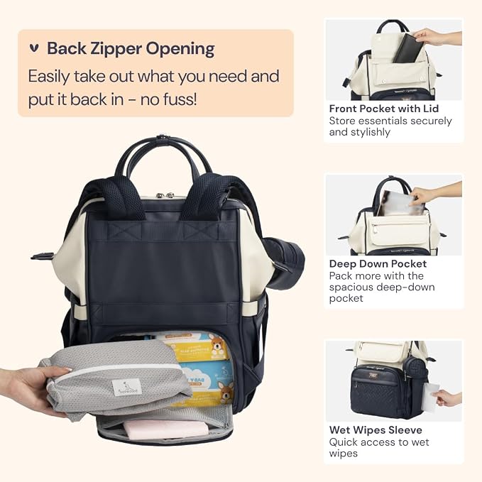 BabbleRoo Leather Diaper Bag Backpack, Multifunction Large Bags with Changing Pad & Stroller Straps Pacifier Case, Unisex Stylish Travel Back Pack Nappy for Moms Dads (Blueberry Cream)