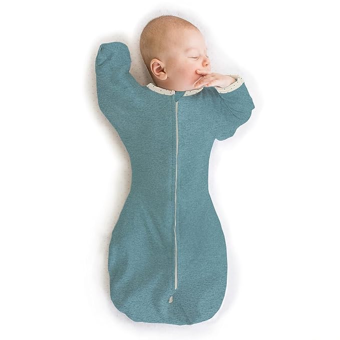 SwaddleDesigns 6-9 Mo Baby Sleep Set, Teal and Watercolor Mountains & Trees, Transitional Swaddle Sack with Arms Up Half-Length Sleeves & Mitten Cuffs and Softest Cotton Muslin Crib Sheet