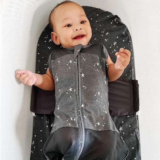 Happiest Baby SNOO Sleep Sack - 100% Organic Cotton Baby Swaddle Blanket - Doctor Designed Promotes Healthy Hip Development (Graphite Stars, Large)