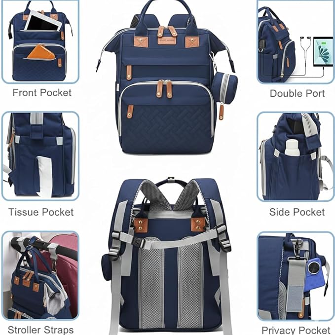 Diaper Bag With Changing Pad, Travel Waterproof Bagpack Diaper Bag For Mom Dad With USB Charging Port, Large Capacity & Multifunctional With Insulated Pacifier Case -Dark Blue
