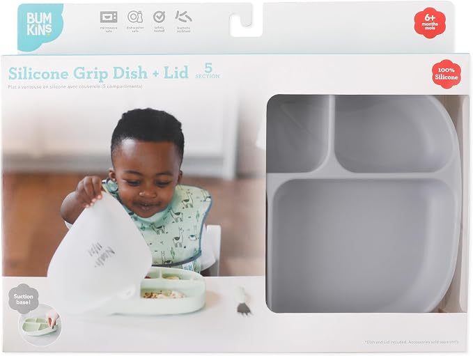 Bumkins Toddler and Baby Suction Plate, Silicone Divided Grip Dish and Lid, Large 5-Section Tray for Kids, Essentials in Children Feeding Supplies, Non Skid Stick Bottom, for Ages 6 Months Up, Gray