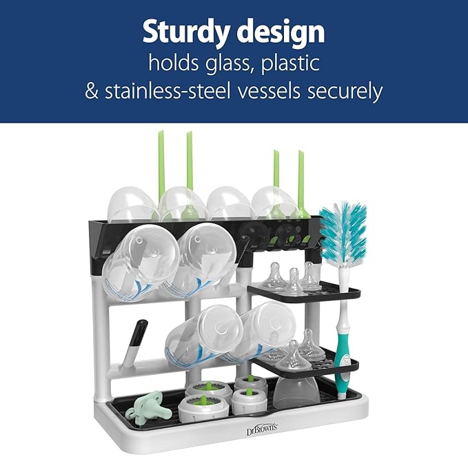 Dr. Brown's Baby Bottle Drying Tower, Stand-Up Drying Rack with Reusable Sponge Baby Bottle Cleaning Brush Set, 3-Pack, Grey