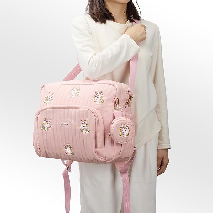 GOBABYMART Diaper Bag Backpack with Changing Pad - Travel Baby Bag, Insulated Bottle Pockets, Stroller Straps (Medium - Pink Unicorns)