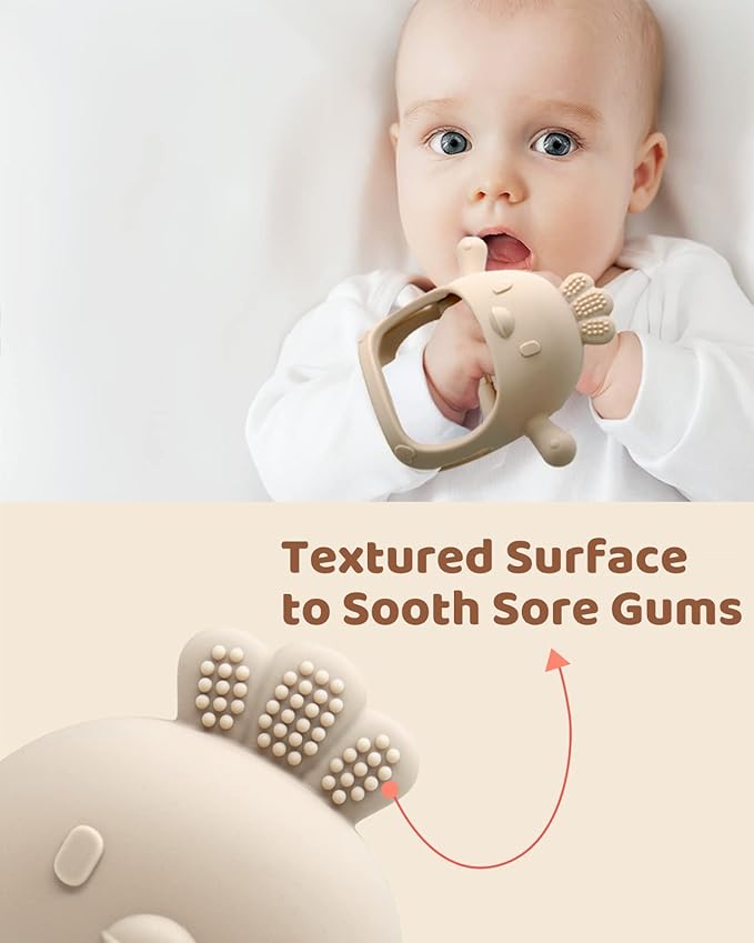 3 Pack Baby Teething Toy Silicone Teething Mitten for Babies Over 3 Months Anti Dropping Wrist Hand Teethers Baby Chew Toys for Sucking Needs, BPA Free (Pink, Caramel & Coral Red)