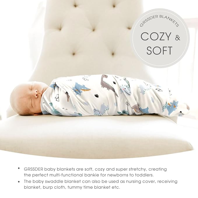 GRSSDER Baby Blankets Super Soft Jersey Knit Swaddle Blanket for Baby Girls and Boys, Double Layer Receiving Blankets 34 x 44 Inches Extra Large for Baby Swaddling, Happy Dinosaur