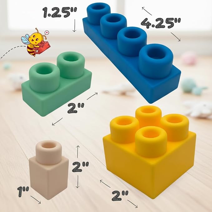 Soft Rubber Building Blocks with Baseboard - Extra Large Toddler Blocks Ages 12mo+ - Chew-Safe Sensory Stacking Toys - STEM Learning Set with Building Guide - Not Compatible with Duplo/Mega