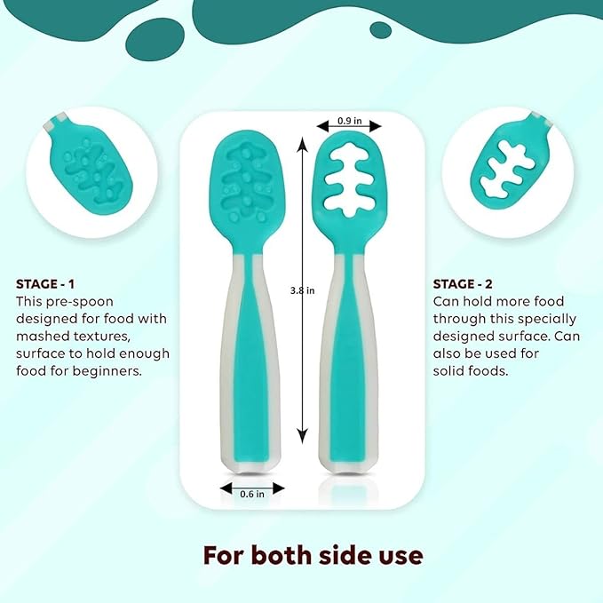 Baby Spoons, Silicone Pre-Spoons for Kids Aged 6+ Months - First and Second Stage Feed, Baby Led Weaning, Teething, Infant Feeding - Toddler Utensils - Set of 2 Spoons, Teal/White