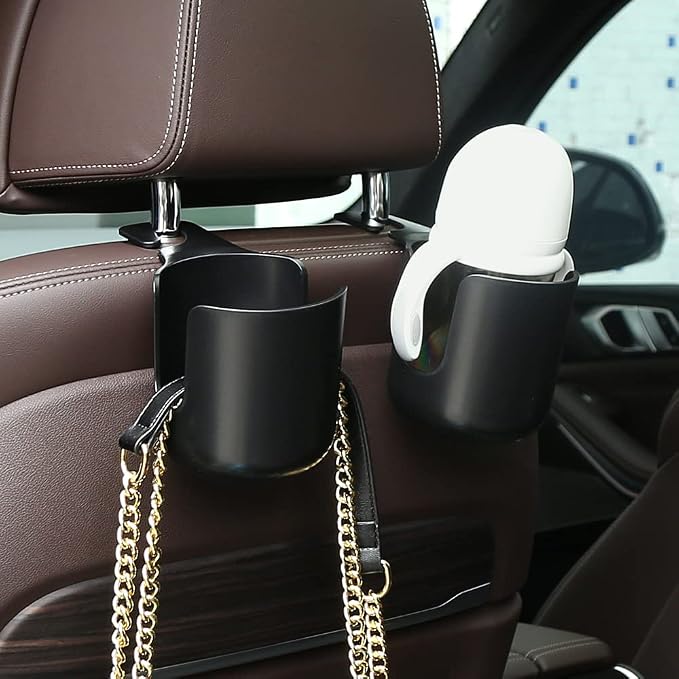Car Seat Headrest Hook Organizer with Cup Holder - Universal Vehicle Storage Hanger for Handbags, Groceries, Backseat Organizer, Car Accessories Fit All Cars(Black)