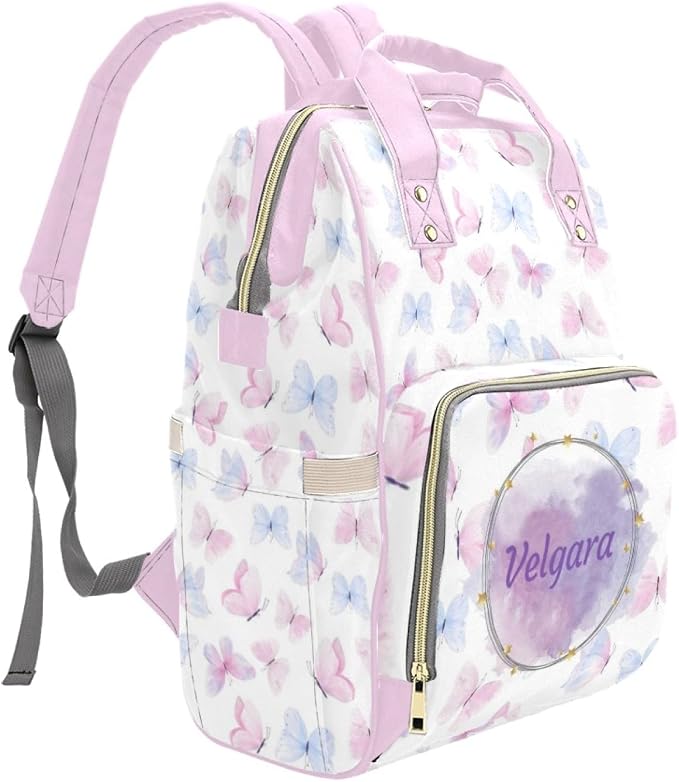 Custom Colorful Butterfly Diaper Bag for Women, Personalized Name Multifunction Nylon Nursing Mommy Daypack with Large Capacity for Travel, Birthday Mother Gift