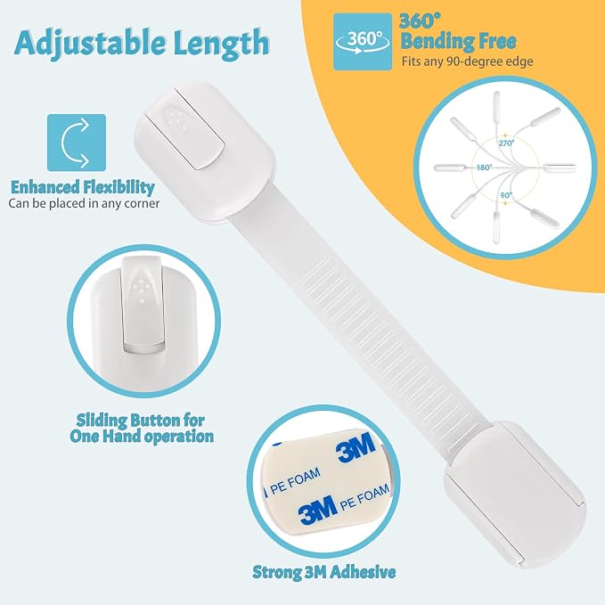 12-Pack Baby Safety Locks - Refrigerator, Oven, Drawer and Cabinet Locks, 3M Adhesive, No Screws or Magnets, Adjustable Size, for Kitchen, Dining Room, Living Room, and Bathroom