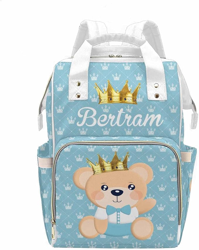 M YESCUSTOM Diaper Bag Custom Name Personalized Crown Diaper Bag with Cartoon Prince Bear Suits for Women Travel Outdoor Use Light Blue