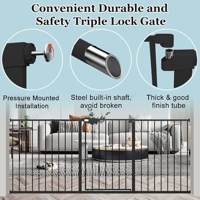 WAOWAO Triple Lock Baby Gate Extra Wide 76.77-81.49" Pressure Mounted Walk Through Swing Auto Close Safety Black Metal Dog Pet Puppy Cat for Stairs,Doorways,Kitchen