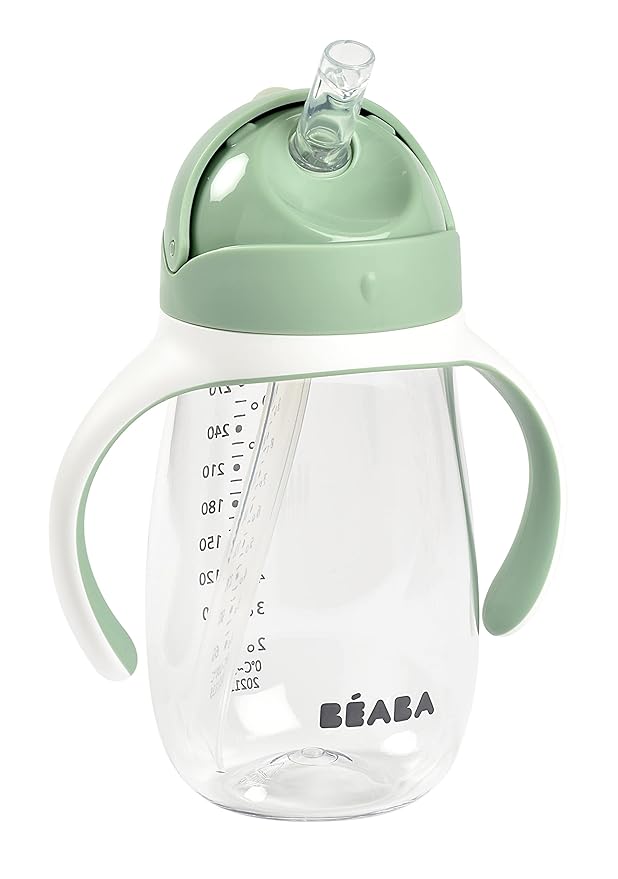 Beaba Straw Sippy Cup, Toddler Baby Straw Cup with Removable Handles, Leak and Spill Proof, BPA Phthalate Free, 8+ Months, 10 oz, (Sage)