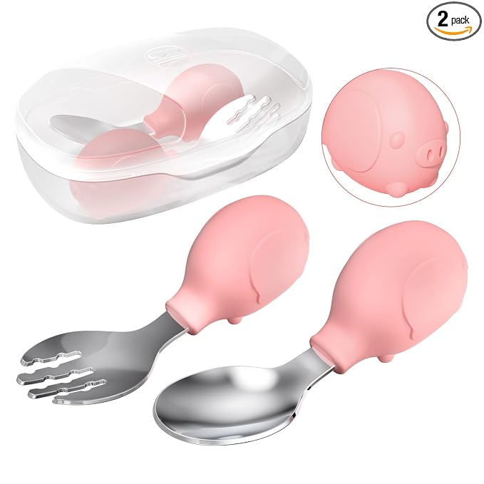 Deejoy Toddler Utensils - Stainless Steel Spoons and Forks, Kids Silverware Set with Travel Case (Pink)