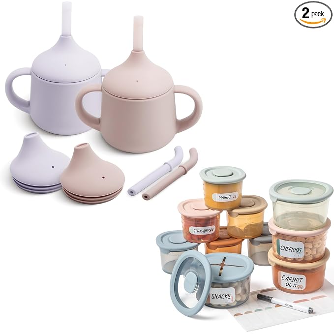 Moonkie Silicone Baby Sippy Cups 2-Pack | 3-Stage Training Cup for Infants & Toddlers | 4oz Silicone BabySippy Cups 4oz | Reusable Storage Jars with Airtight Lids | Freezer, Microwave