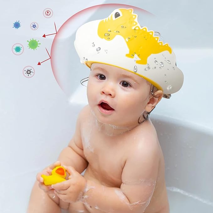 FUNUPUP 2 Pack Adjustable Toddler Hair Washing Bathing Cap Shield Baby Shower Visor Shampoo Cap Protect Baby Eyes (Dinosaur)