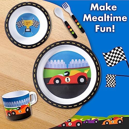 Bentology 5 Pc Mealtime Set for Kids - Racecar Theme - Includes Raised Edge Plate & Bowl, Cup, Metal Fork & Spoon- Dishwasher Safe, BPA Free - Cute Durable Dish, Easy Self-Feeding - Gift for Toddlers