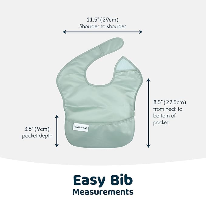 Tiny Twinkle Mess-Proof Baby Bibs for Eating | Waterproof, Wipeable Toddler Bibs with Catch-All Pocket | Feeding Bibs for Girls & Boys(3 Pack,Sage, Charcoal)