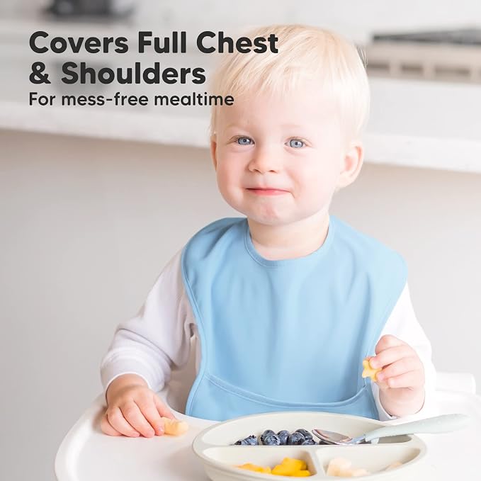 KeaBabies 2-Pack Silicone Bibs For Babies and 3-Pack Waterproof Baby Bibs for Eating - Silicone Baby Bibs for Eating, Lightweight Baby Bib with Food Catcher, Food-Grade Pure Silicone Bib
