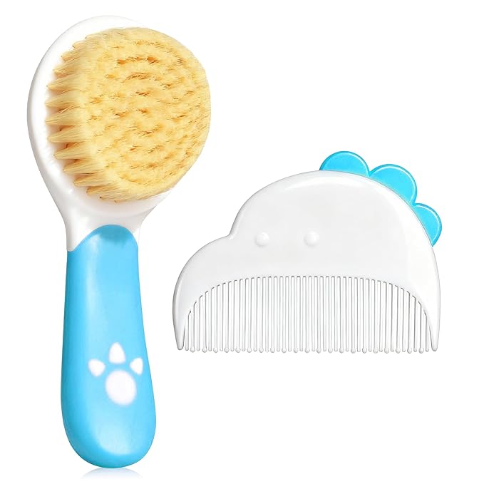 Baby Hair Brush and Comb Set, Soft Bristles Cradle Cap Brush for Newborns, Toddlers, Baby Registry Gift (Blue)