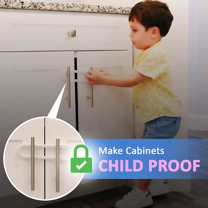 Child Proof Sliding Cabinet Lock - Baby Safety U Shaped Latch for Cupboard Doors Knobs and Handles (8 Pack)
