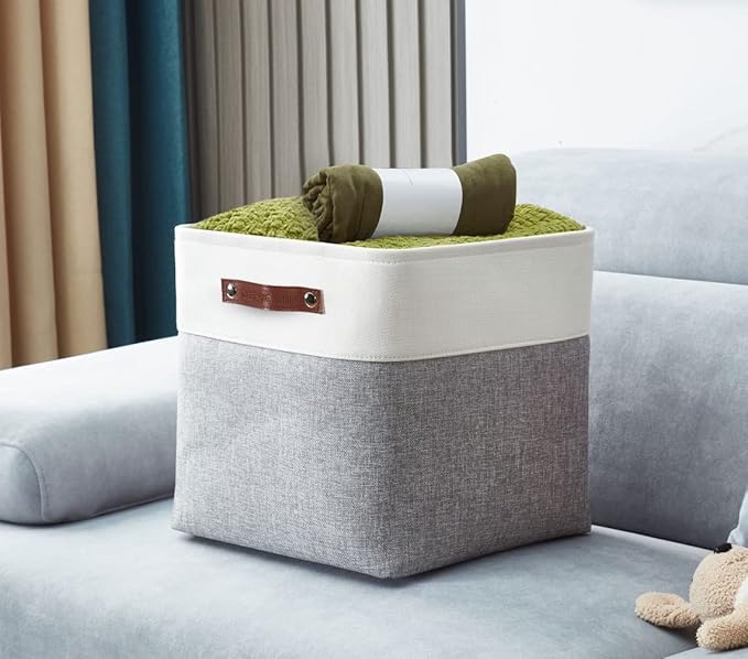 DECOMOMO Storage Cubes, 12x12 Storage Bins, Baskets for Shelves (Grey & White, Cube 12" - 4 Pack)