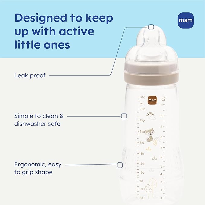 MAM Easy Active Baby Bottle 2 Pack, 11oz, BPA Free, Fast Flow Silicone Nipple, Anti-Slip Grip, Leak-Proof, 4+ Months, Purple Iris