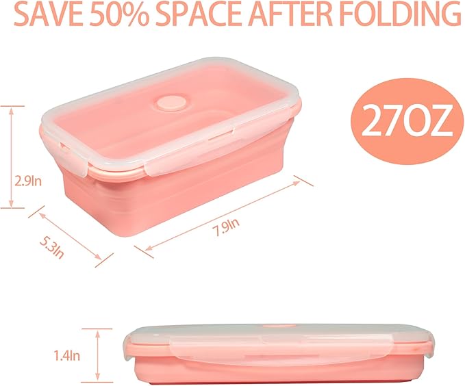 Plus 4PCS Foldable Silicone Food Storage Containers for Kitchen Storage for Leftovers Fruits and Meal Prep Dishwasher Safe Microwave Safe Ideal for Home and Travel (Pink, 27OZ)