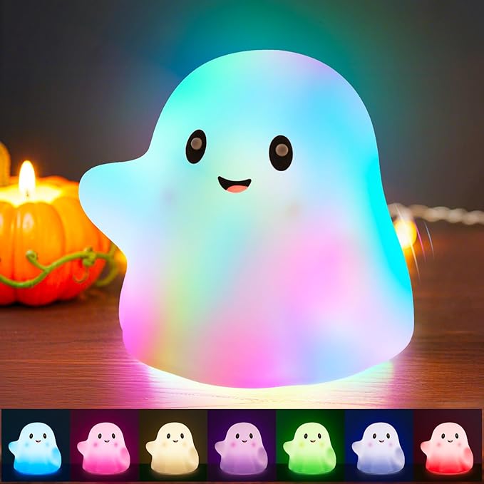 Rechargeable Night Light for Kids, RGB Ghost Night Lights 30-Min Timer/9 Sounds/9 Sleep Music/Touch Sensor, Multi-Color Silicone LED Night Lamp for Bedroom Nursery Room Christmas Decor