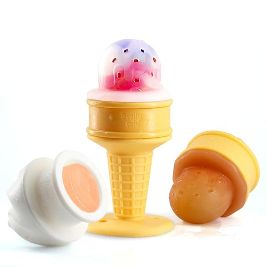 Smily Mia Baby Fruit Food Feeder & Freezer Teether Combo, ICY Bite Ice Cream Teether for Baby Cooling Relief, BPA Free Silicone Feeder for Safe Infant Self Feeding, 3 Month+,Cream White