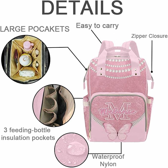 MyPupSocks Custom Butterfly Diaper Bag Backpack for Mom Daughter Granddaughter - Personalized Nappy Mommy Bag Backpack Diaper Bag in Pink with Name