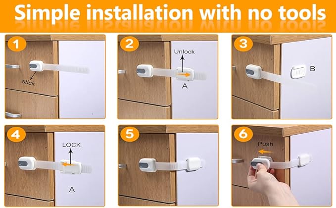 Vmaisi Baby Proofing Cabinet Locks - Childproofing Adjustable Multi Use Straps Latches for Drawers, Fridge, Dishwasher, Toilet Seat, Cupboard, Closet, Oven,Trash Can, Adhesive No Drilling (White) (4)