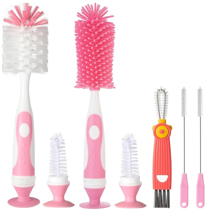 Ariseno 5-in-1 Baby Bottle Brush Set, Including Nylon and Silicone Bottle Brush, Cap, Straw, Nipple Brushes, BPA-Free (Pink)