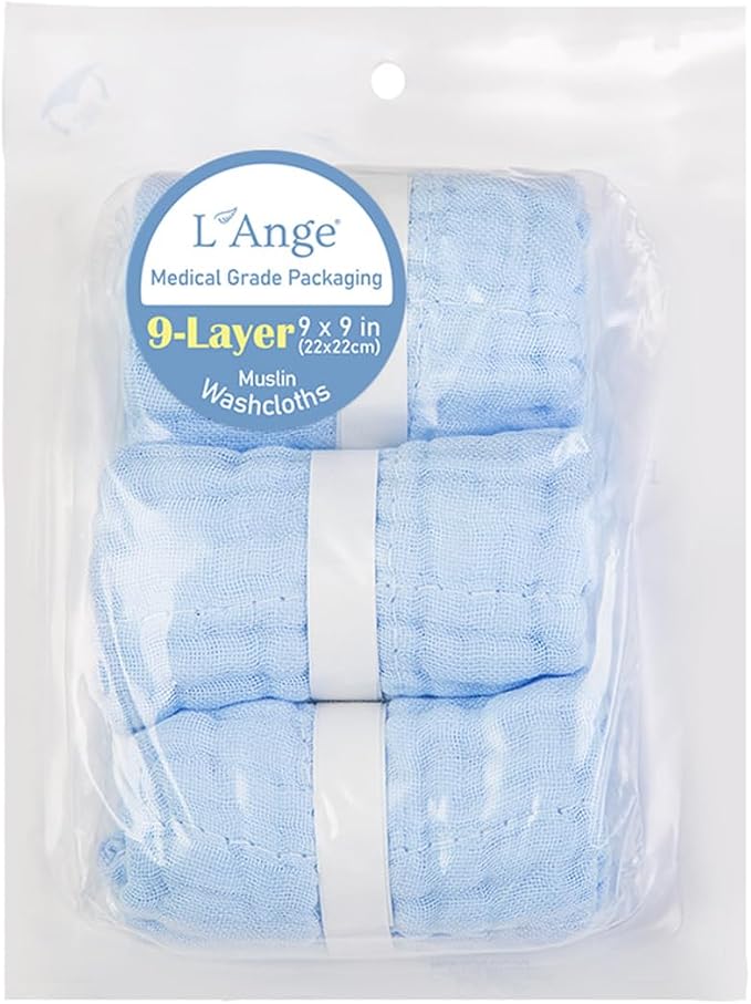 L'Ange Baby Washcloths and Burp Cloths Set - 3 Pack of 9 Layer 100% Cotton Muslin for Sensitive Skin - Super Absorbent - Medical Grade Packaging for Infants Newborns and Toddlers- 9x9 - Blue