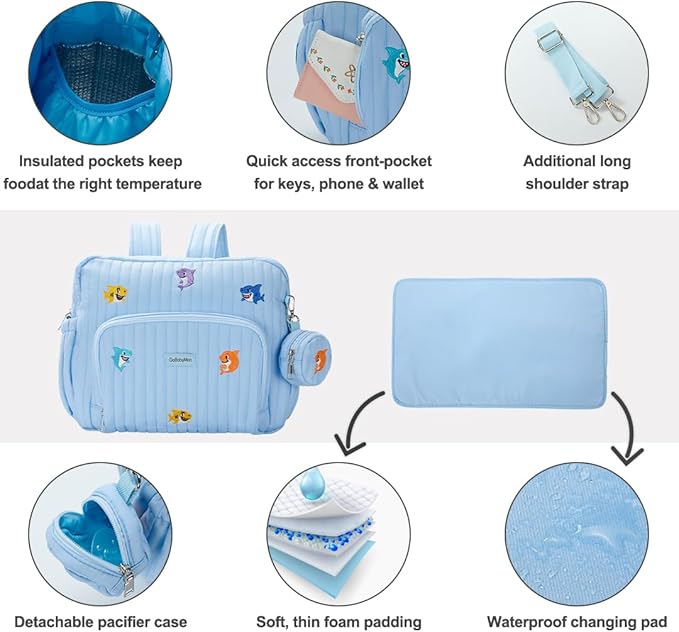 GOBABYMART Diaper Bag Backpack with Changing Pad - Travel Baby Bag, Insulated Bottle Pockets, Stroller Straps (Medium - Blue Sharks)