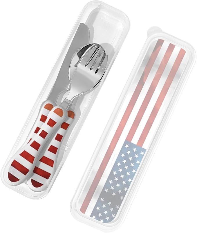 Vintage American USA Flag Print Knife, Fork and Spoon Set - Stainless Steel Flatware Set, Silicone Handle, Durable Kitchen Utensils