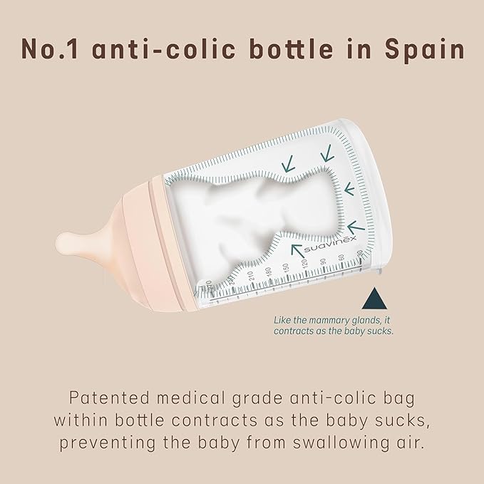 Suavinex Zero Zero Anti Colic Baby Bottle, No 1 Spanish Baby Bottle Brand, Minimizes Bottle Rejection & Nipple Confusion, Perfect for Breastfeeding Babies, 4 Pk 6 oz, Medium Tone, Adaptable Flow