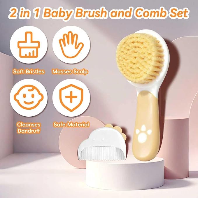 Baby Hair Brush and Comb Set, Soft Bristles Cradle Cap Brush for Newborns, Toddlers, Baby Registry Gift (Camel)