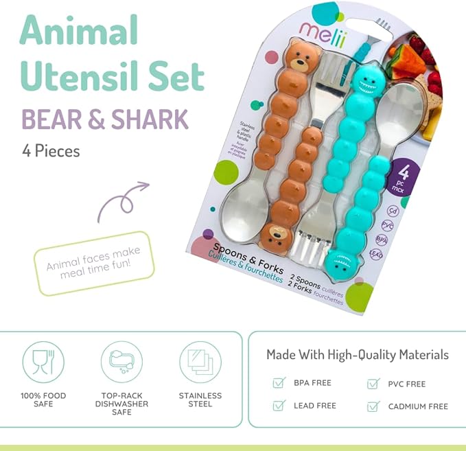melii Toddler and Kid Feeding Spoon & Fork Set, Stainless Steel ??Bulldog, Cat, Shark, Bear??BPA Free, Dishwasher safe (Bear & Shark 4pc)