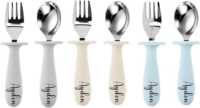 Personalized Toddler Utensils Set with Silicone Handle, Custom Name Stainless Steel Kids Silverware for Baby Led Weaning,Ideal for Showers & Birthdays (Gray Beige Blue)