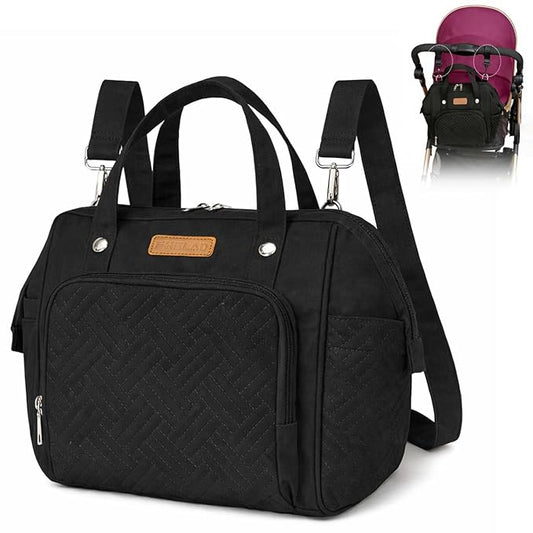 FHELAD Small Diaper Bag Backpack, Crossbody Diaper Bag with Insulated Cup Holder & Detachable Shoulder Strap, Convertible Diaper Bag Tote for Short Trip (Black) | 5 in 1 Diaper Bag, Short Trips & Daily