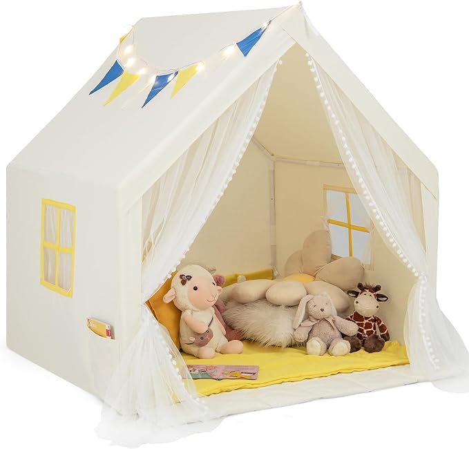 HONEY JOY Kids Tent, Large Kids Play Tent w/Washable Padded Mat, Star Lights, Flags, Windows & Storage Pocket, Indoor Outdoor Toddler Playhouse, 48” x 42” x 50”, Tent for Kids Boys Girls