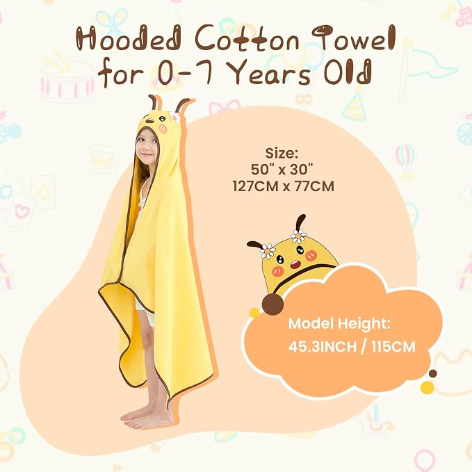 Style Quarters Yellow Bee Hooded Towel for Kids – Soft Cotton, Embroidered, Absorbent Baby Bath Towel – Quick Dry, Lightweight – 50x30 Inches – Perfect for Toddlers & Children