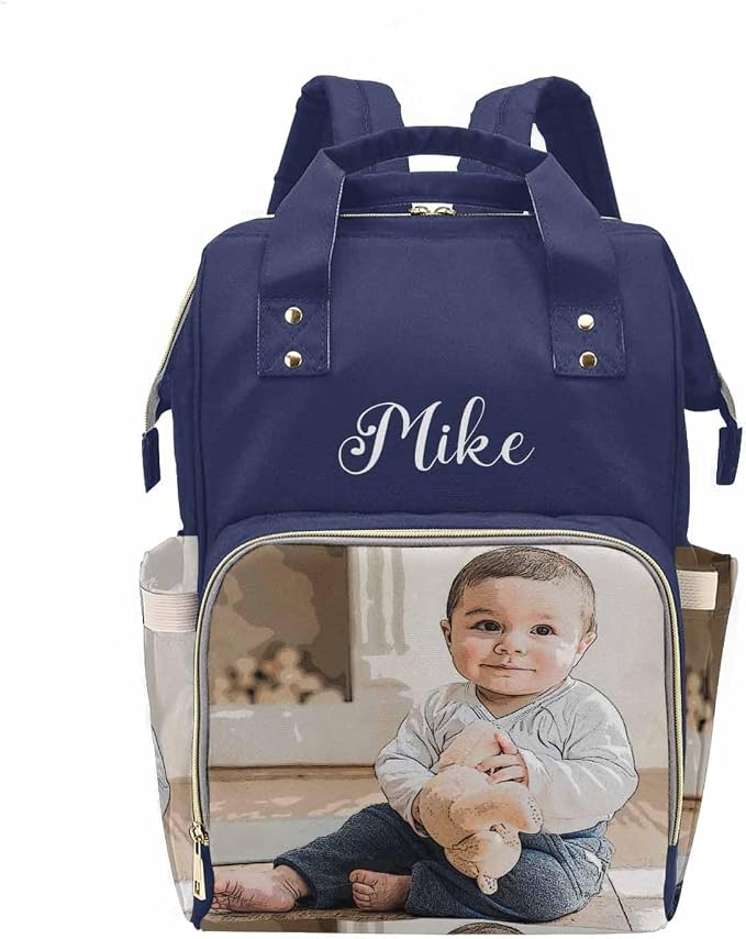 M YESCUSTOM Custom Diaper Bag with Name & Photos for Mom Dad, Personalized Blue Diaper Backpack with Text Waterproof Nappy Mommy Bag for Mother's Day New Born Gift