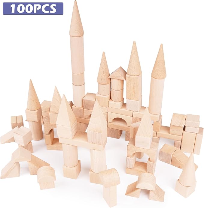 100Pcs Wooden Building Blocks Set- Wood Stacker Stacking Blocks Game Toys for Toddlers, Multiple Shapes, Toddles Blocks- Baby Wooden Blocks for Kids Learning and Playing