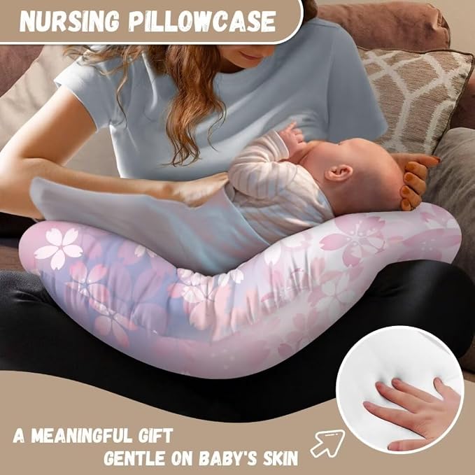 Nursing Pillow Cover for Baby, Comfy Removable Breast Feeding Pillow Cover, Pink Cherry Blossom Nursing Pillow Cases Fit Standard Nursing Pillow