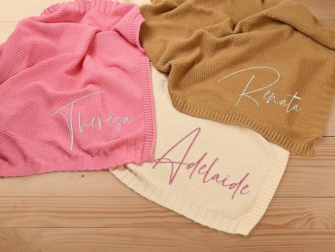 IZI POD Personalized Knit Baby Blanket, Embroidered Name Nursery Blanket, Custom Name Baby Boy Girl Blanket Shower, Baby Newborn Blanket, Baby Boy Girl Knit Blanket, Baby Gift