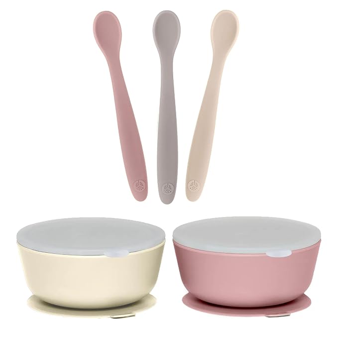 WeeSprout 3 Silicone Baby Spoons & 2 Bowls with Lids Bundle - Soft-Tip, Bendable Feeding Utensils - Durable, Travel-Friendly, Dishwasher Safe - Beige & Purple